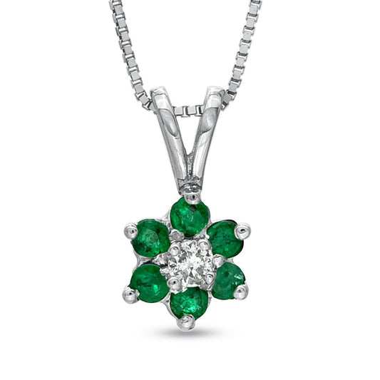 Emerald and Natural Diamond Accent Flower Pendant in 14K White Gold