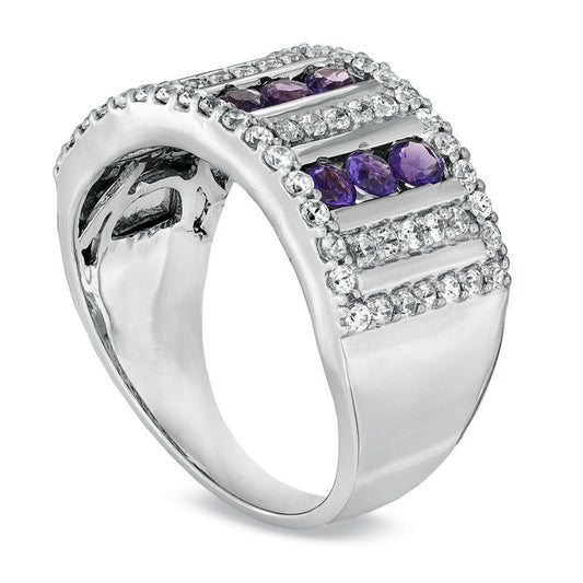 Amethyst and 0.63 CT. T.W. Natural Diamond Triple Row Ring in Sterling Silver