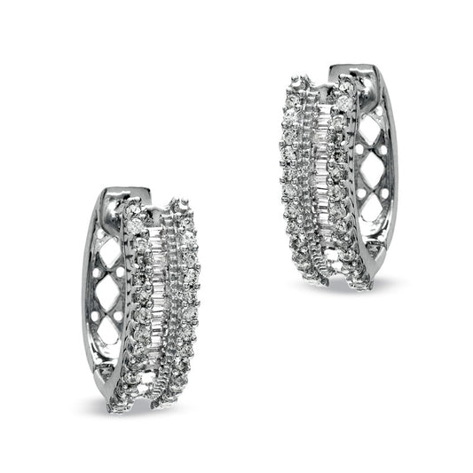0.5 CT. T.W. Round and Baguette Diamond Hoop Earrings in 10K White Gold
