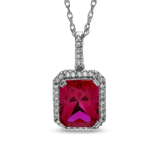 Emerald-Cut Lab-Created Ruby and White Sapphire Drop Pendant in Sterling Silver
