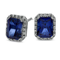 Emerald Cut Lab-Created Blue and White Sapphire Stud Earrings in Sterling Silver