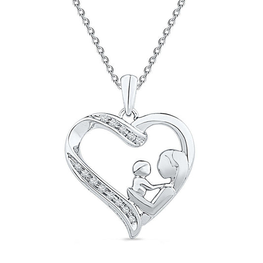 Natural Diamond Accent Motherly Love Heart Pendant in Sterling Silver