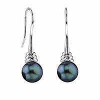 8.0mm Dyed Black Cultured Akoya Pearl Knot Drop Earrings in Sterling Silver