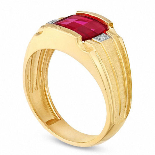Men's Cushion-Cut Lab-Created Ruby and Diamond Accent Ring in Solid 10K Yellow Gold