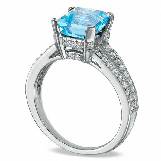 Princess-Cut Blue Topaz and 0.25 CT. T.W. Natural Diamond Engagement Ring in Solid 10K White Gold