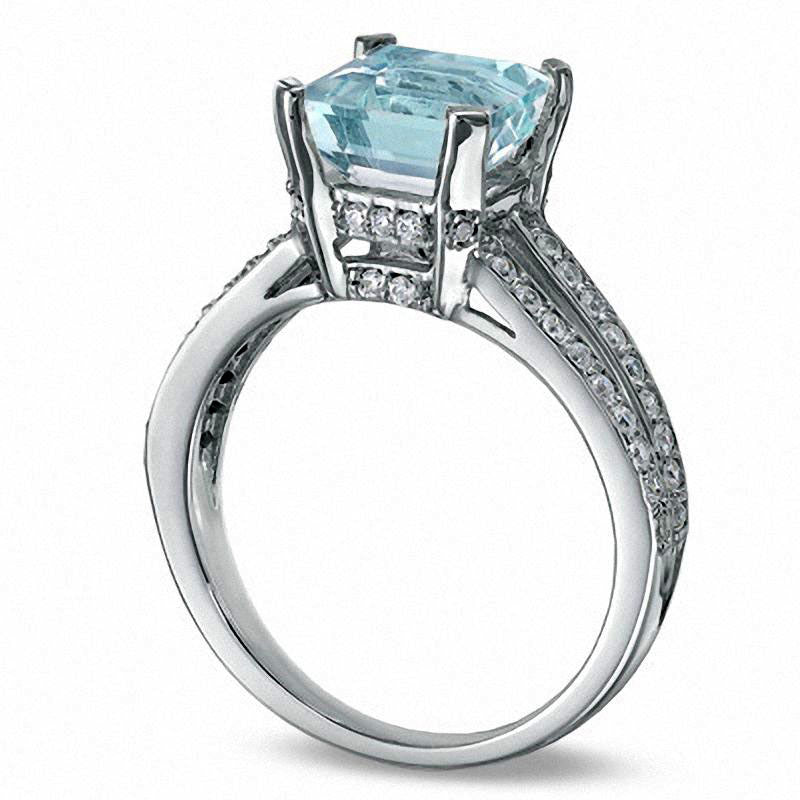 Princess-Cut Aquamarine and 0.25 CT. T.W. Natural Diamond Engagement Ring in Solid 10K White Gold