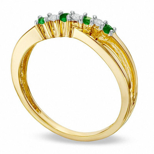 Emerald and Natural Diamond Accent Split Shank Ring in Solid 10K Yellow Gold
