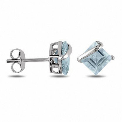 Princess-Cut Aquamarine Overlay Stud Earrings in 10K White Gold