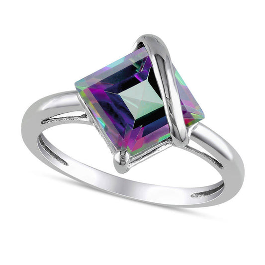 Princess-Cut Rainbow Green Topaz Overlay Ring in Solid 10K White Gold