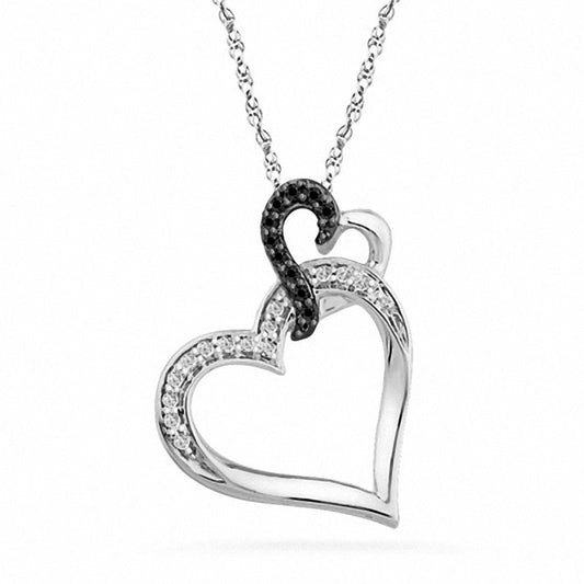 0.07 CT. TW. Enhanced Black and White Natural Diamond Tilted Double Heart Pendant in Sterling Silver