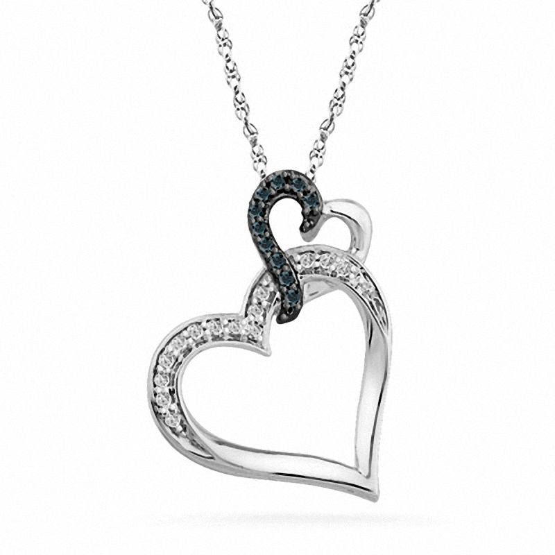 Enhanced Blue and White Natural Diamond Accent Tilted Double Heart Pendant in Sterling Silver