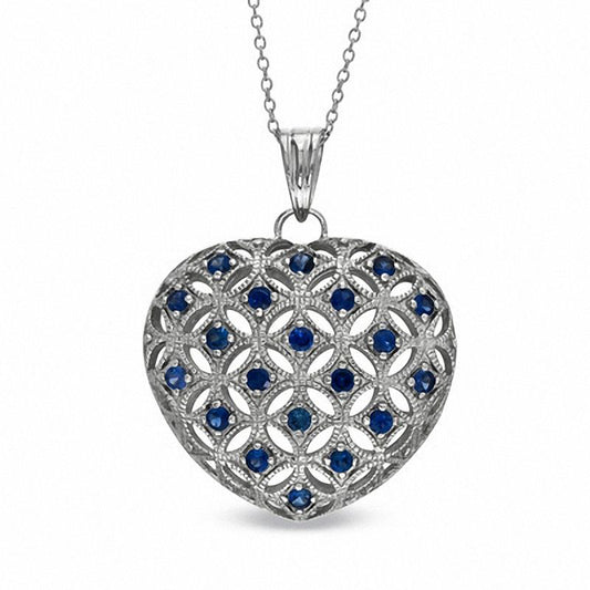 Lab-Created Blue Sapphire Puffed Heart Pendant in Sterling Silver