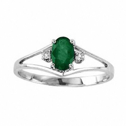Oval Emerald and Natural Diamond Accent Engagement Ring in Solid 14K White Gold