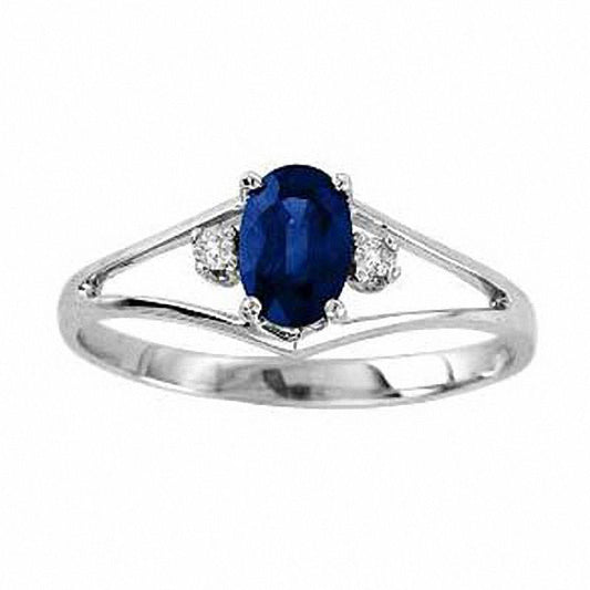 Oval Blue Sapphire and Natural Diamond Accent Engagement Ring in Solid 14K White Gold
