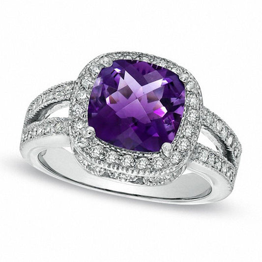 Cushion-Cut Amethyst and 0.50 CT. T.W. Natural Diamond Frame Ring in Solid 14K White Gold