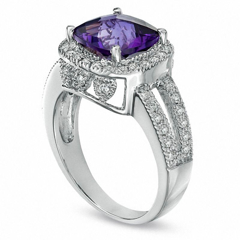 Cushion-Cut Amethyst and 0.50 CT. T.W. Natural Diamond Frame Ring in Solid 14K White Gold