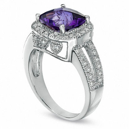 Cushion-Cut Amethyst and 0.50 CT. T.W. Natural Diamond Frame Ring in Solid 14K White Gold