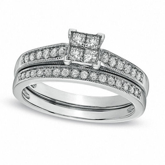 0.50 CT. T.W. Quad Princess-Cut Natural Diamond Antique Vintage-Style Bridal Engagement Ring Set in Solid 10K White Gold