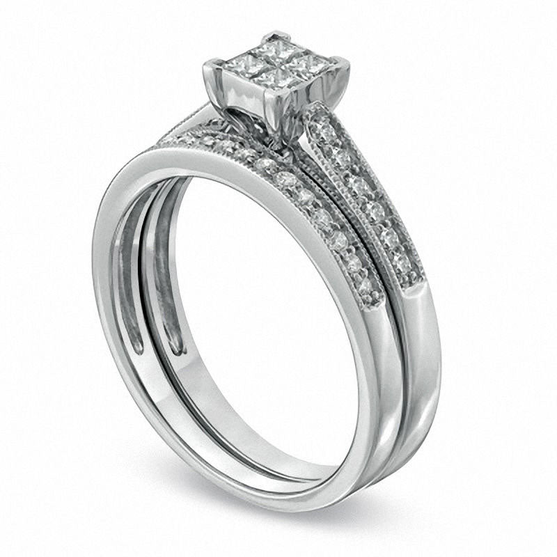 0.50 CT. T.W. Quad Princess-Cut Natural Diamond Antique Vintage-Style Bridal Engagement Ring Set in Solid 10K White Gold