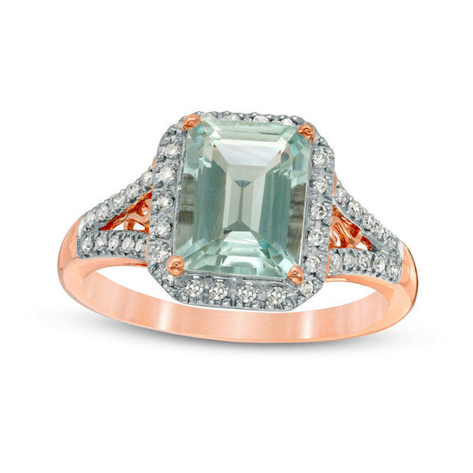 Emerald-Cut Aquamarine and 0.17 CT. T.W. Natural Diamond Frame Ring in Solid 14K Rose Gold