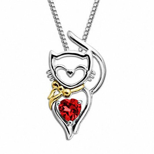 Heart-Shaped Lab-Created Ruby Cat Pendant in Sterling Silver and 14K Gold