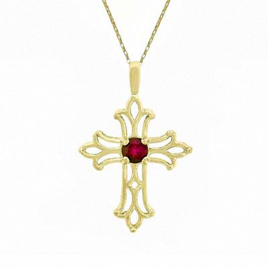 Lab-Created Ruby Birthstone Cross Pendant in 10K Yellow Gold