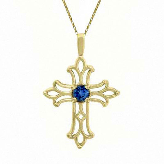 Lab-Created Blue Sapphire Birthstone Cross Pendant in 10K Yellow Gold