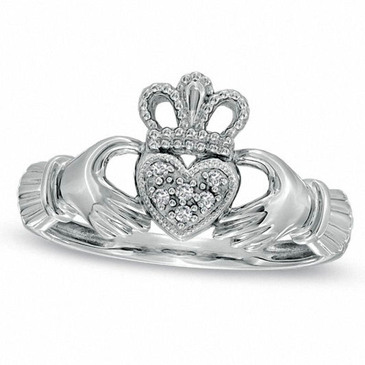 Natural Diamond Accent Claddagh Ring in Solid 10K White Gold