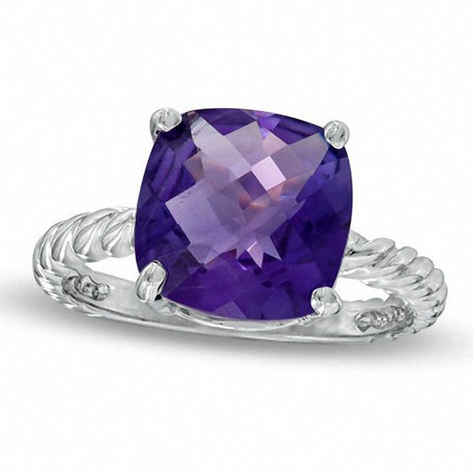 10.0mm Cushion-Cut Amethyst Twisted Band Ring in Solid 10K White Gold