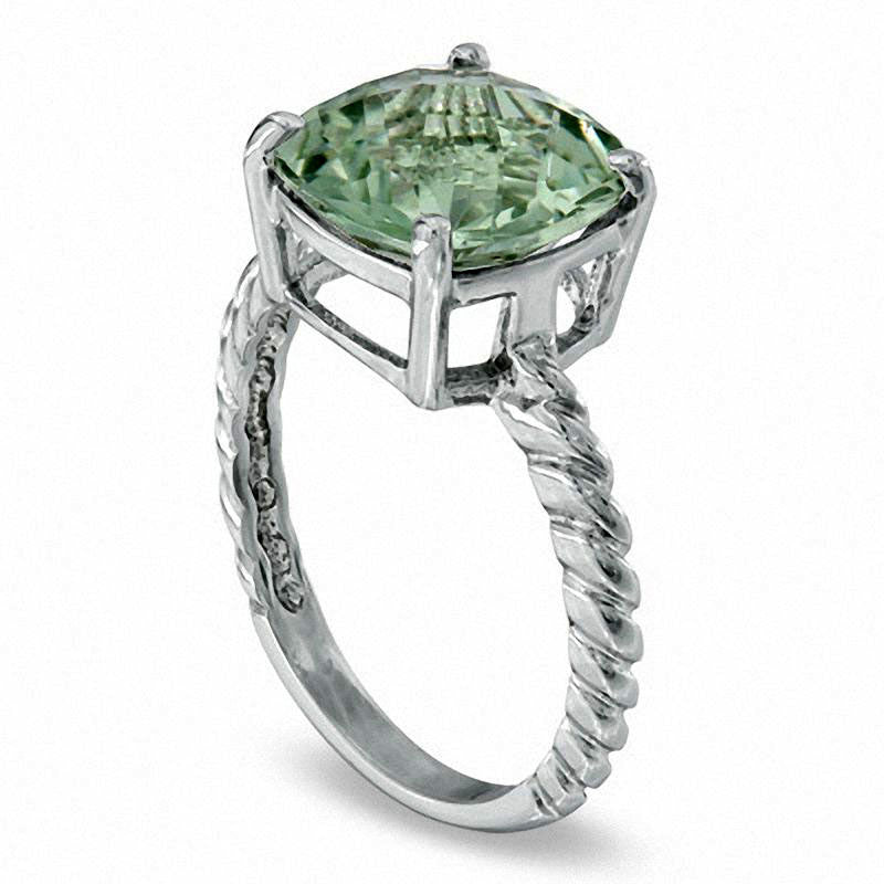 10.0mm Cushion-Cut Green Quartz Twisted Band Ring in Solid 10K White Gold
