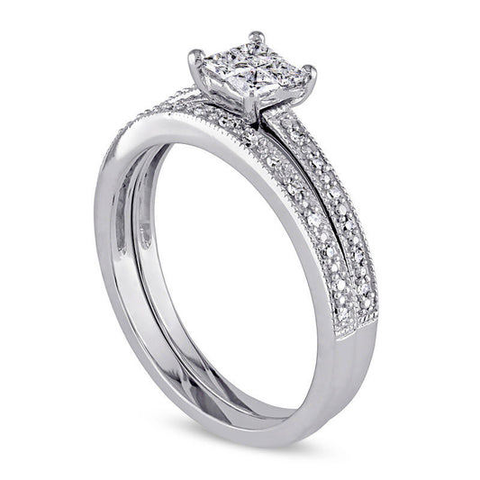 0.33 CT. T.W. Quad Princess-Cut Natural Diamond Antique Vintage-Style Bridal Engagement Ring Set in Solid 10K White Gold