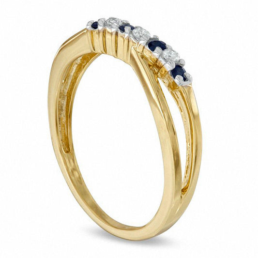 Blue Sapphire and Natural Diamond Accent Cross-Over Ring in Solid 10K Yellow Gold