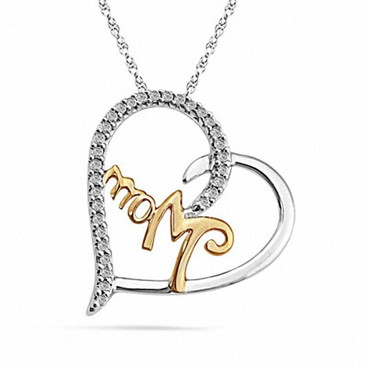 Natural Diamond Accent Heart-Shaped "MOM" Pendant in Two-Tone Sterling Silver