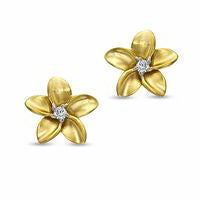 Diamond Accent Solitaire Flower Stud Earrings in Sterling Silver and 14K Gold Plate