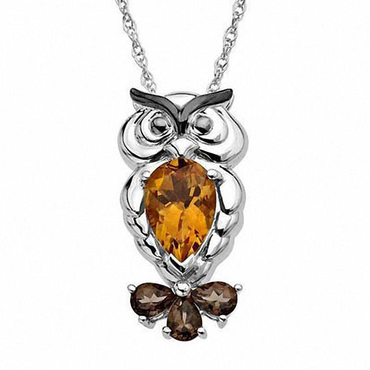 Pear-Shaped Citrine and Smoky Quartz Owl Pendant in Sterling Silver