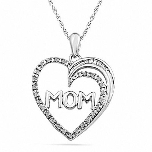 0.1 CT. T.W. Baguette and Round Natural Diamond "MOM" Heart Pendant in Sterling Silver