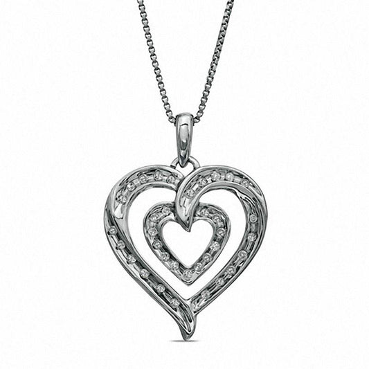 0.13 CT. T.W. Natural Diamond Double Row Heart Pendant in Sterling Silver