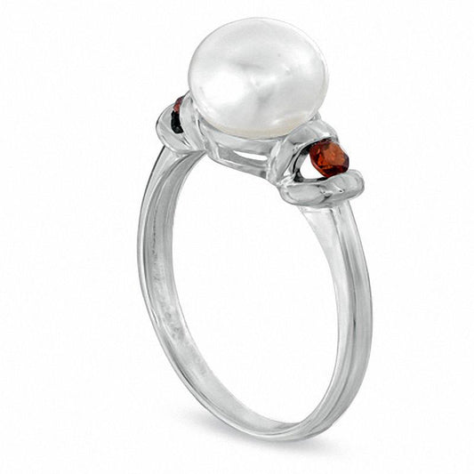 8.0 - 8.5mm Cultured Freshwater Pearl and Garnet Ring in Sterling Silver