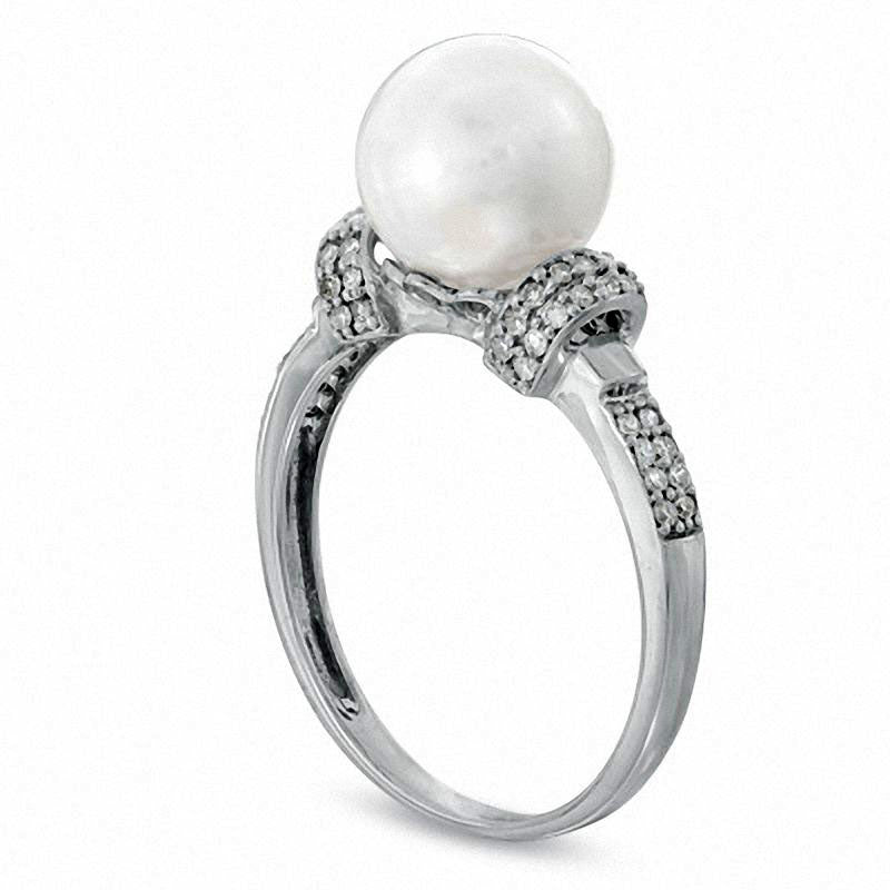 9.0 - 9.5mm Cultured Freshwater Pearl and 0.20 CT. T.W. Natural Diamond Ring in Solid 14K White Gold