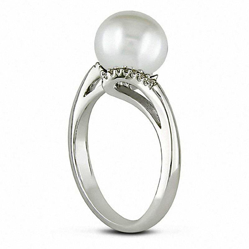 9.0 - 10.0mm Button Cultured Freshwater Pearl and 0.05 CT. T.W. Natural Diamond Bypass Ring in Sterling Silver