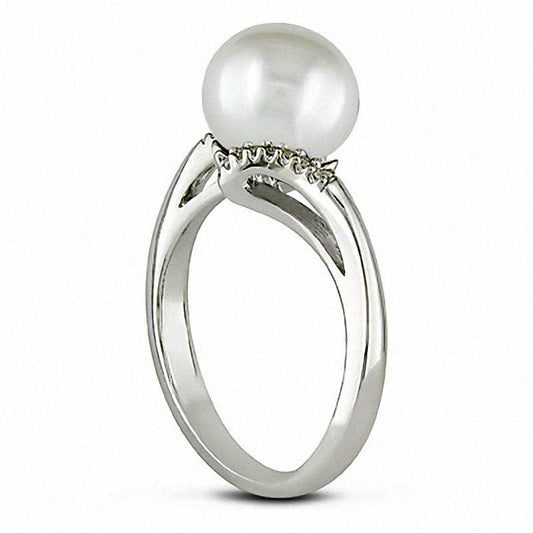 9.0 - 10.0mm Button Cultured Freshwater Pearl and 0.05 CT. T.W. Natural Diamond Bypass Ring in Sterling Silver