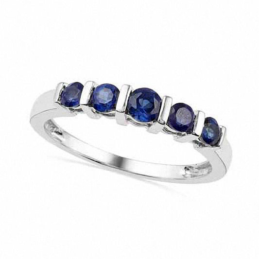 Lab-Created Blue Sapphire Five Stone Anniversary Band in Solid 10K White Gold
