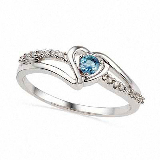 Aquamarine and Natural Diamond Accent Heart Ring in Sterling Silver