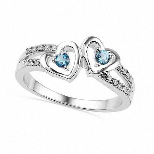 Aquamarine and 0.05 CT. T.W. Natural Diamond Double Heart Ring in Sterling Silver