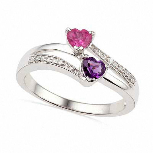Heart-Shaped Amethyst, Lab-Created Pink Sapphire and Diamond Accent Ring in Sterling Silver