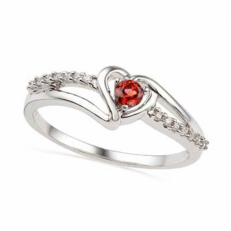 3.0mm Garnet and 0.05 CT. T.W. Natural Diamond Heart Ring in Sterling Silver