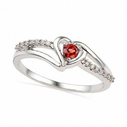 3.0mm Garnet and 0.05 CT. T.W. Natural Diamond Heart Ring in Sterling Silver