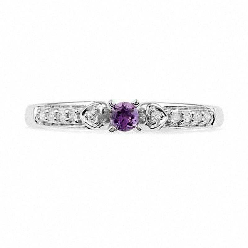 Amethyst and Natural Diamond Accent Heart Sides Promise Ring in Solid 10K White Gold