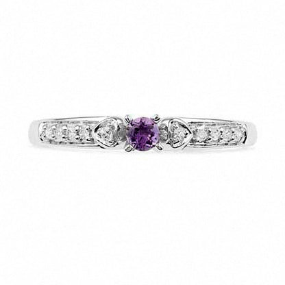 Amethyst and Natural Diamond Accent Heart Sides Promise Ring in Solid 10K White Gold