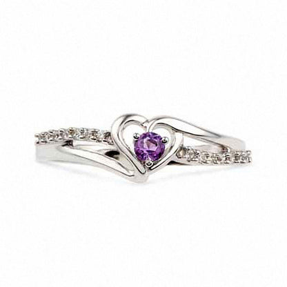 Amethyst and Natural Diamond Accent Heart Promise Ring in Sterling Silver